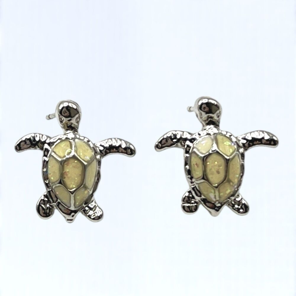Sea Turtle Earrings Silver Tone Cream Glitter Inlay Stud Beach Tropical Vacation